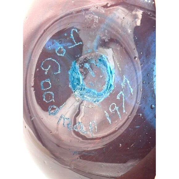 JP Goodman Mouth Blown Art Glass Vase Earth Tone Swirl Blue Interior Signed 1977 - Picture 12 of 16